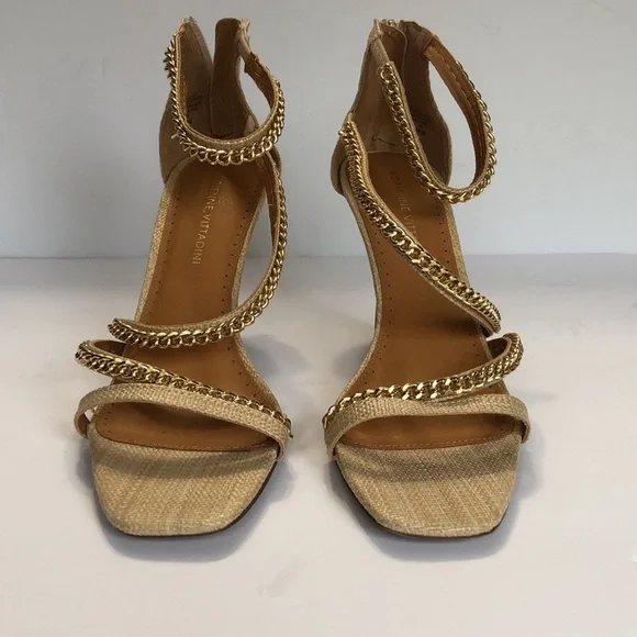 Adrienne Vittadini Sand & Gold Open Toe Back Zip Strappy Heeled Sandals size 9.5 - Picture 2 of 13